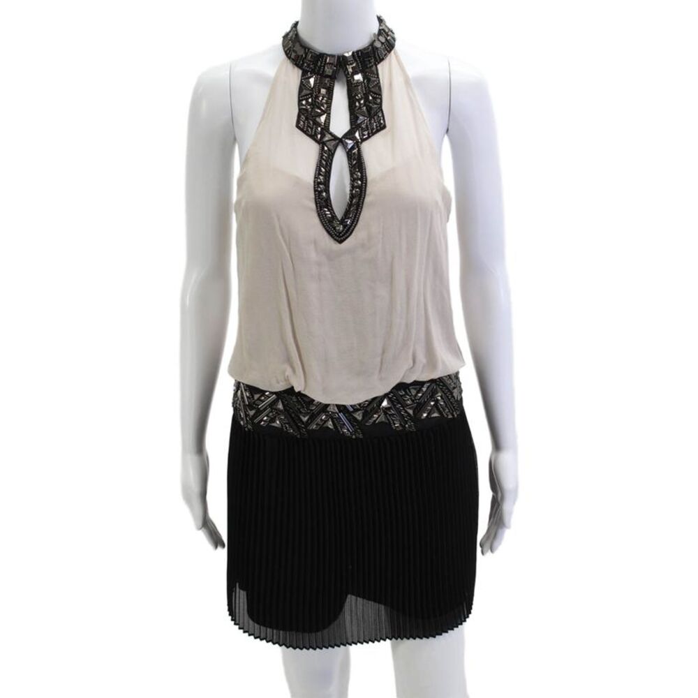Karen Millen Womens Sleeveless Blouson Mini Dress Beige Geometric Size 6